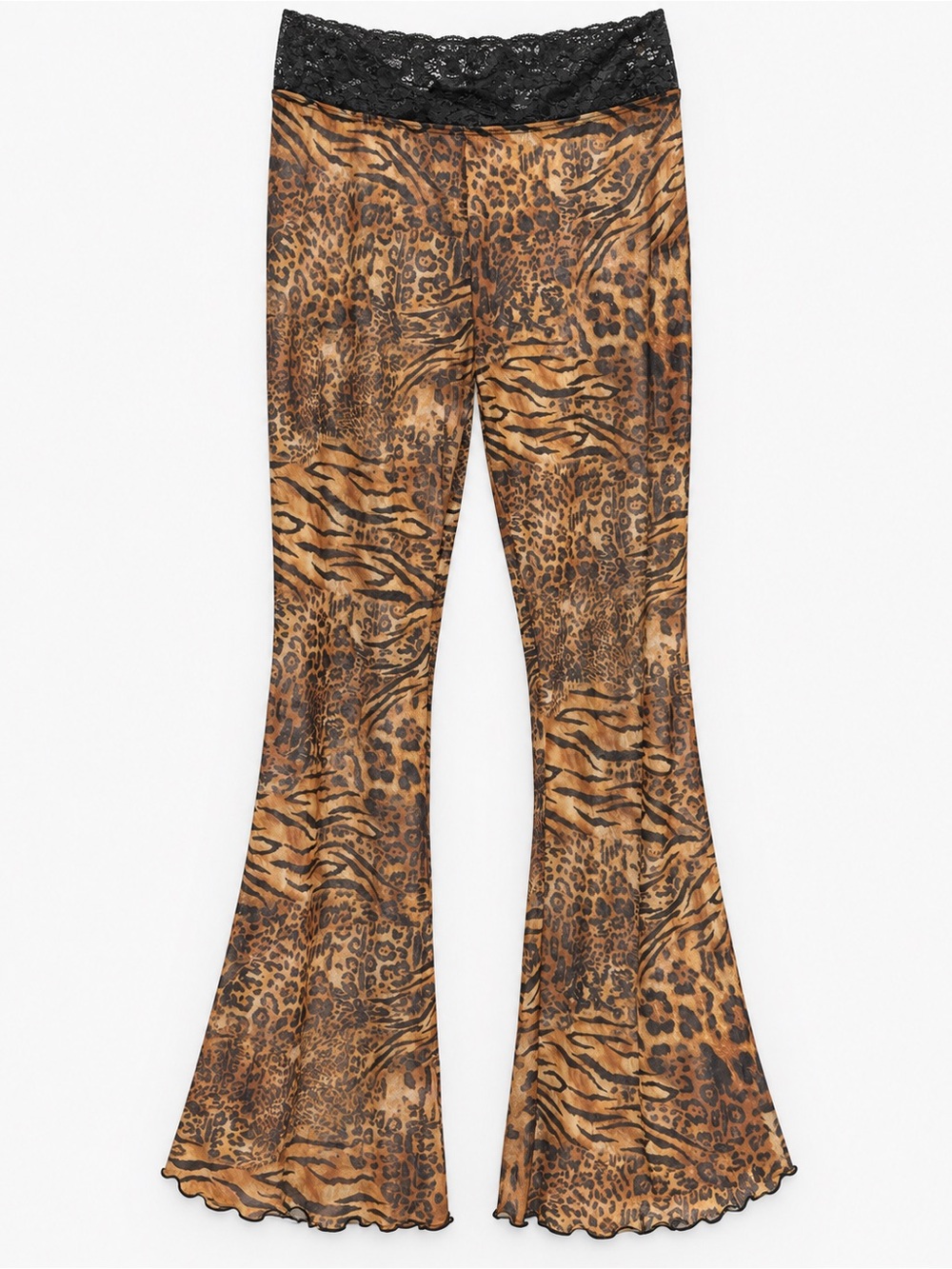 SHEIN Black Lace Waist Brown Animal Print Flare Pants